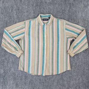 Vintage Lands End Shirt Womens 14 Striped Cotten Linen Button Camp loop Collar